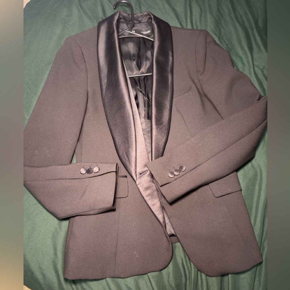 Zara Black Satin Shawl Lapel Tuxedo Blazer